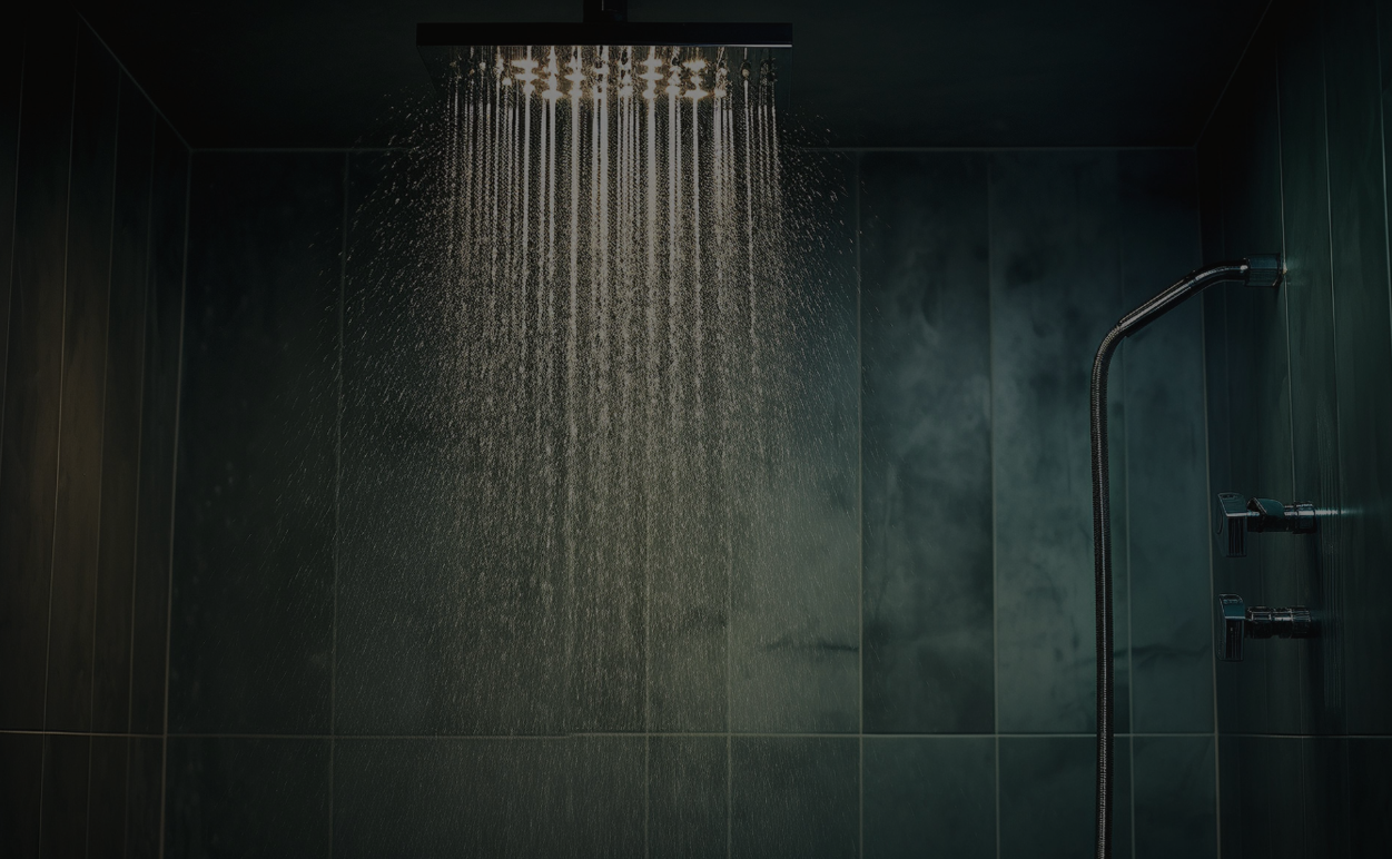 Hot Water Coming From a Shower Head with a Green Tiled Backsplash